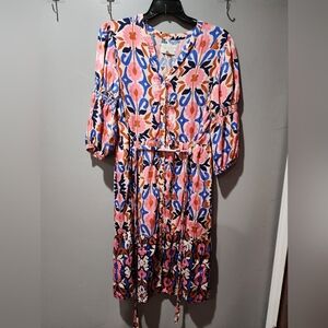 Floral Tie-Front Midi Dress in Pink, Blue & Orange
